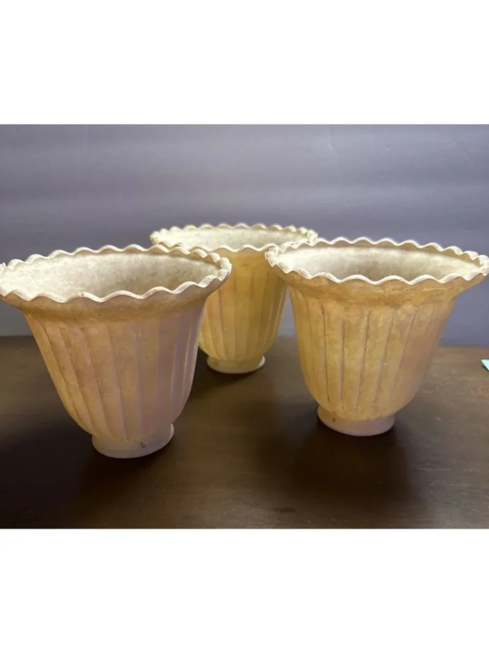Vintage Fitted Glass Bell Shades Three Beige Marble Painted Ribbed Scalloped